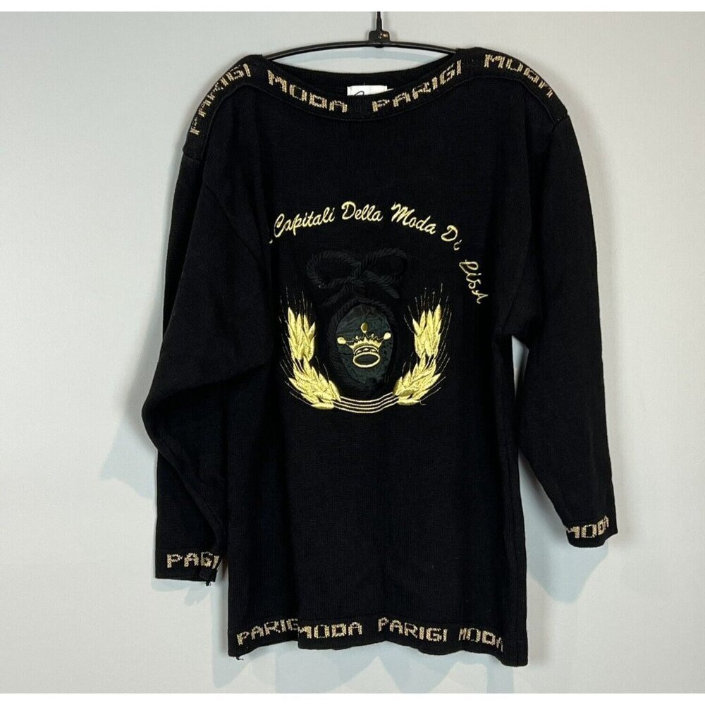 Sandylo Italian Paris Fashion Crest Sweater Black Gold 80s Vintage O/S